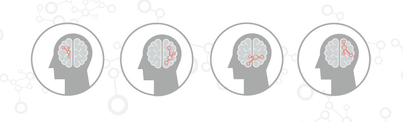 Banner of four human head silhouettes, each containing different images of brain anatomy