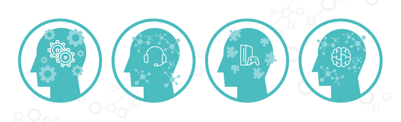 Icons of four teal heads with gaming icons