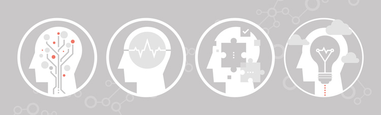 Icons of 4 heads with different thoughts